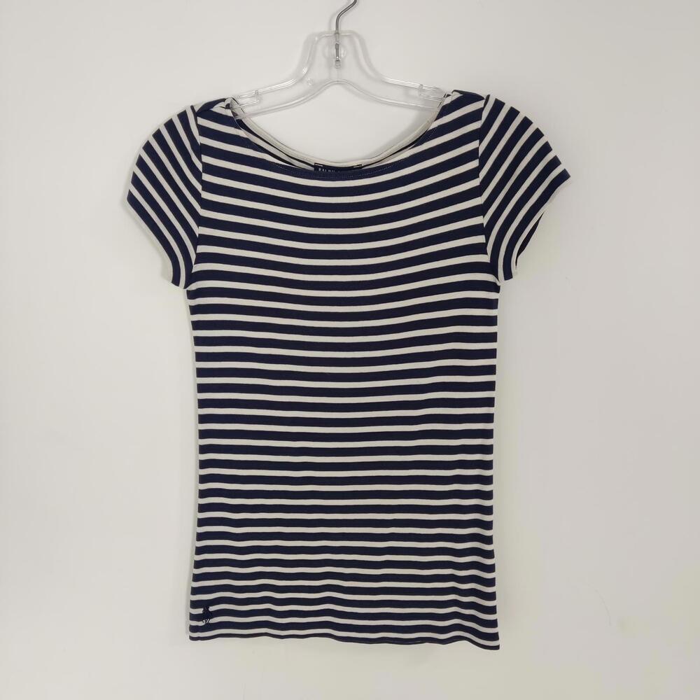 Ralph Lauren Women's Blue Striped Tshirt Size Small Old Money Casual Y2K